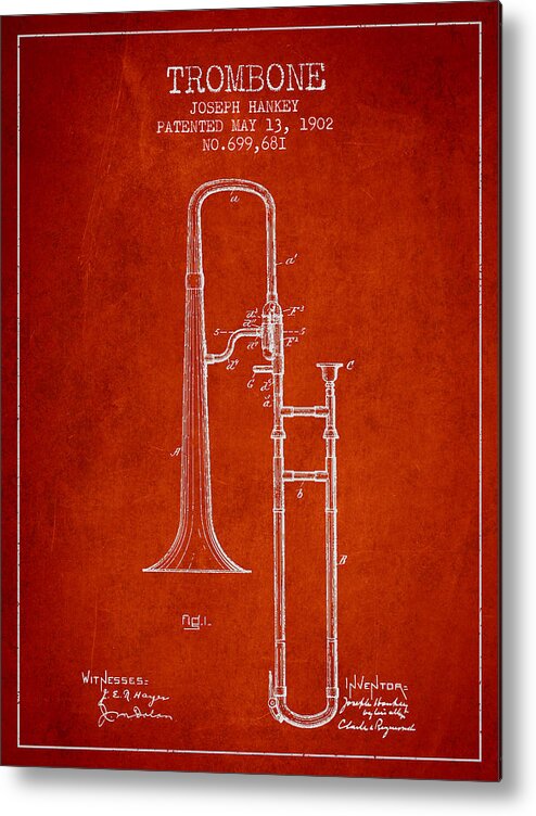 Trombone Metal Print featuring the digital art Trombone Patent from 1902 - Red by Aged Pixel