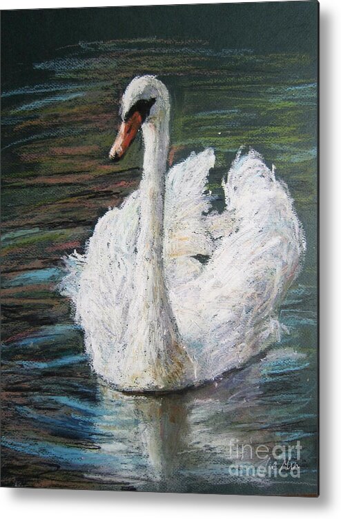 White Swan In Lake Metal Print featuring the painting White Swan by Jieming Wang