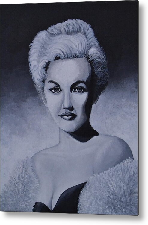A Black And White Portrait Of A Young Marilyn Monroe. She Is Wearing A Black Dress With A Mink Fur. Metal Print featuring the painting Young Marilyn Monroe by Martin Schmidt