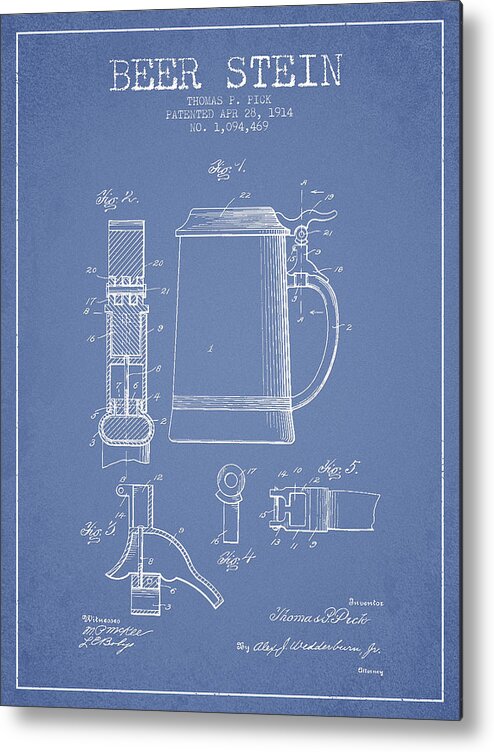 Beer Mug Metal Print featuring the digital art Beer Stein Patent from 1914 - Light Blue by Aged Pixel
