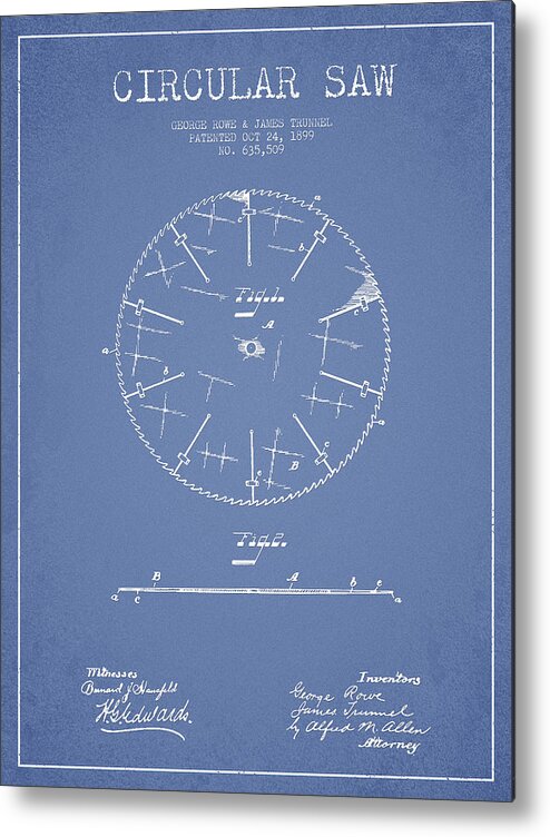 Saw Metal Print featuring the digital art Circular Saw Patent Drawing from 1899 #4 by Aged Pixel