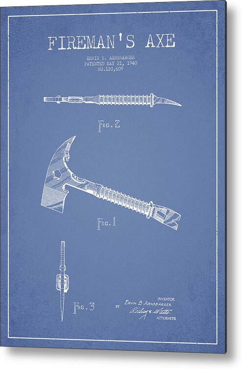 Axe Metal Print featuring the digital art Fireman Axe Patent drawing from 1940 #5 by Aged Pixel