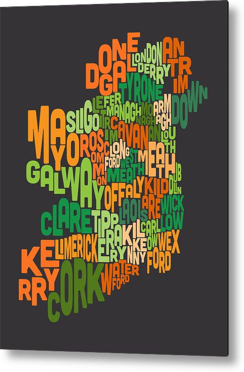 Ireland Map Metal Print featuring the digital art Ireland Eire County Text Map #4 by Michael Tompsett