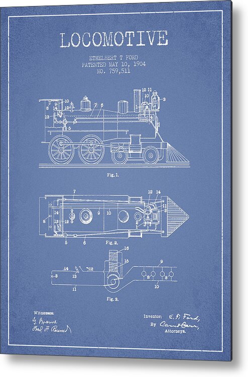 Locomotive Metal Print featuring the digital art Vintage Locomotive patent from 1904 #5 by Aged Pixel