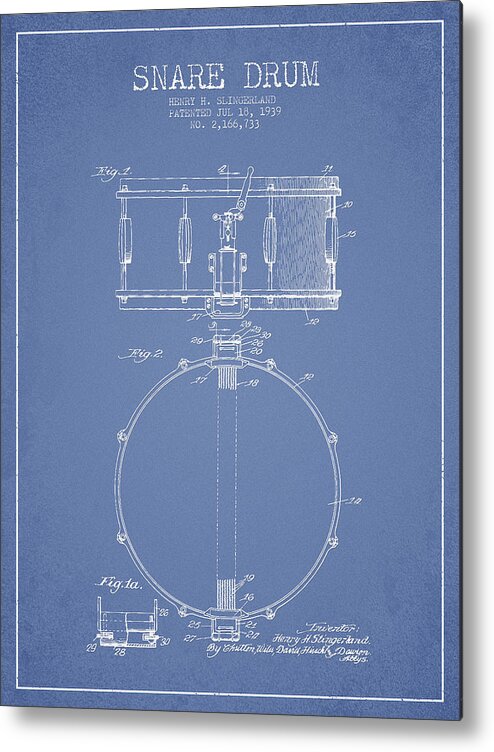 Snare Drum Metal Print featuring the digital art Snare Drum Patent Drawing from 1939 - Light Blue by Aged Pixel