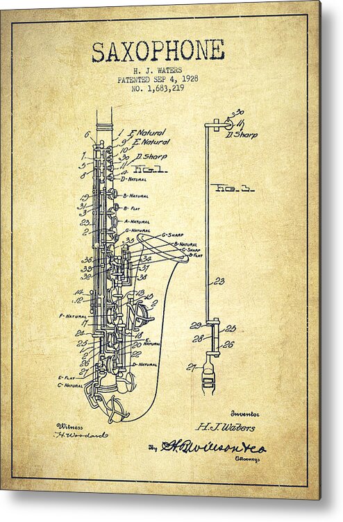 Saxophone Metal Print featuring the drawing Saxophone Patent Drawing From 1928 #1 by Aged Pixel