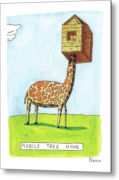 Tree House Metal Print featuring the drawing A Giraffe Has A Tree House Over His Head by Zachary Kanin