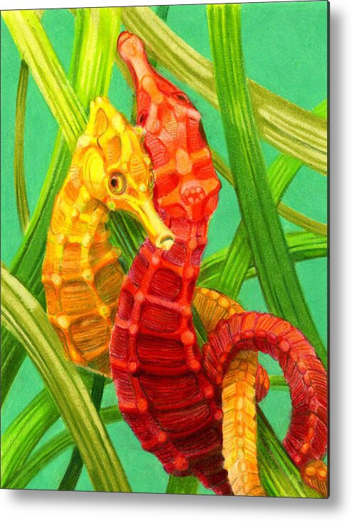 Seahorse Underwater Pacific Seagrass Twined Water Ocean Metal Print featuring the drawing A Handsome Pair by Julia Smith 10th Grade by California Coastal Commission