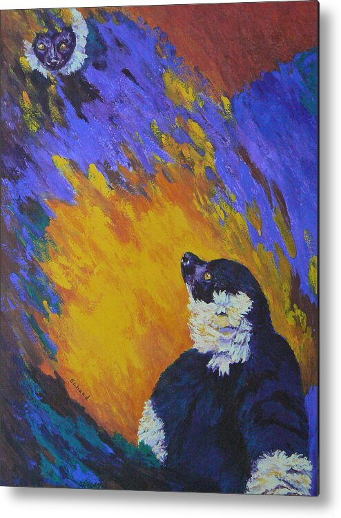 Black And White Ruffed Lemur Metal Print featuring the painting A Proud Mother by Margaret Saheed