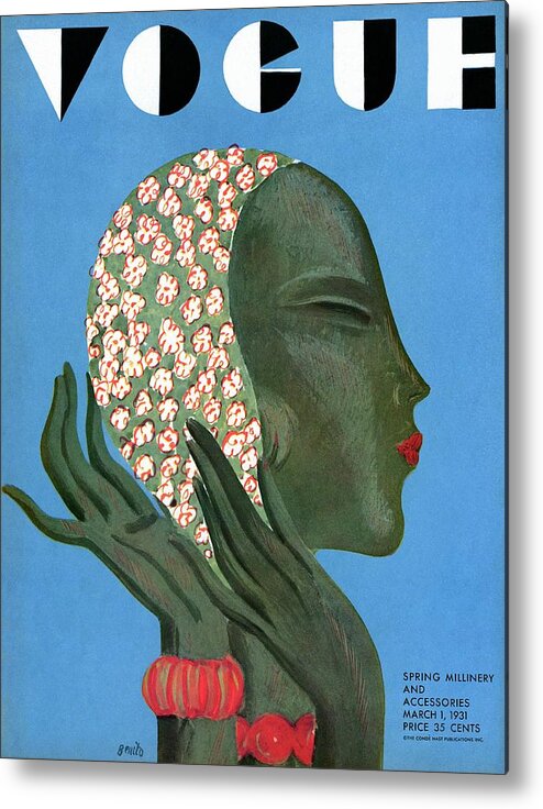Illustration Metal Print featuring the photograph A Vogue Cover Of A Woman Putting On A Hat by Eduardo Garcia Benito
