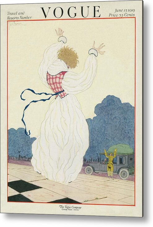 Illustration Metal Print featuring the photograph A Vogue Cover Of A Woman Running To A Car by Georges Lepape