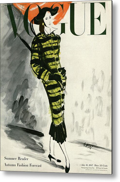 Exterior Metal Print featuring the photograph A Vogue Cover Of A Woman Wearing A Striped Coat by Rene Bouet-Willaumez