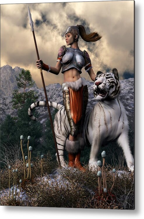 Warrior Girl Metal Print featuring the digital art Amazon and White Tiger by Kaylee Mason