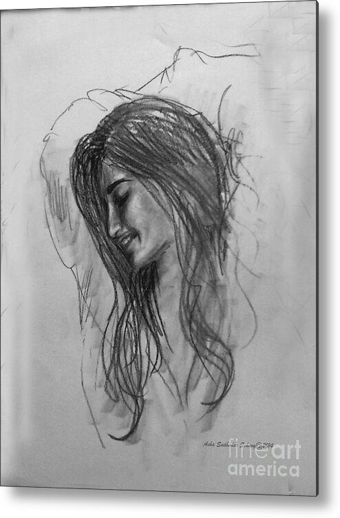 Portrait Metal Print featuring the drawing An young girl by Asha Sudhaker Shenoy