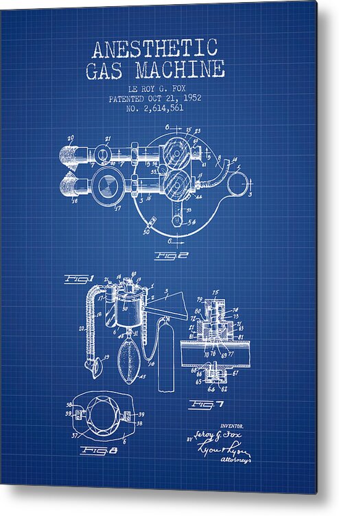 Anesthesia Metal Print featuring the digital art Anesthetic Gas Machine patent from 1952 - Blueprint by Aged Pixel