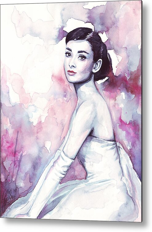 Fashion Watercolor Metal Print featuring the painting Audrey Hepburn Portrait by Olga Shvartsur