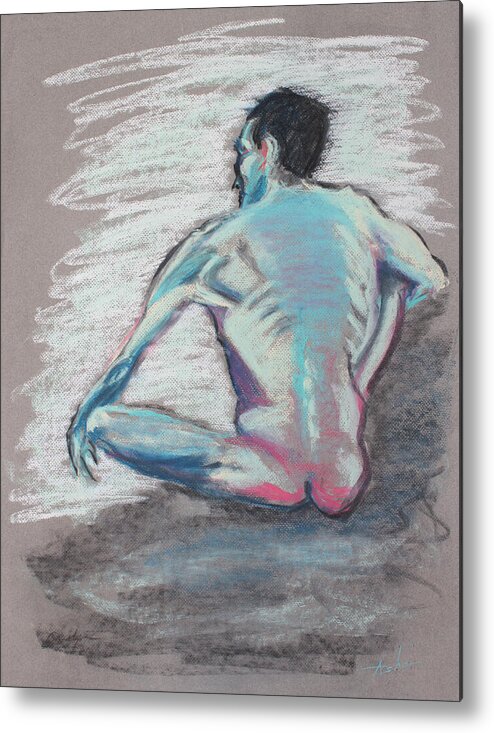 Nude Drawing Metal Print featuring the pastel Back of Sitting Man by Asha Carolyn Young