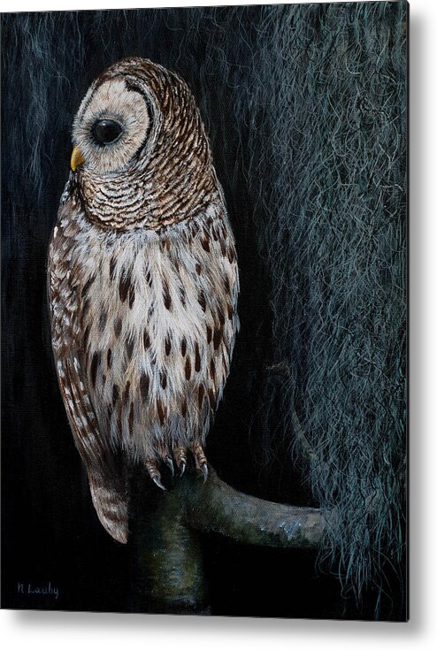 Owl Metal Print featuring the painting Barred Owl on a Mossy Perch by Nancy Lauby