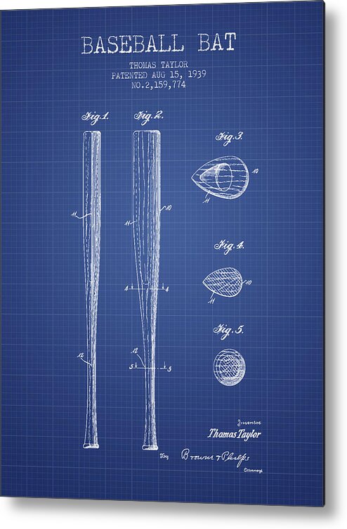 Baseball Metal Print featuring the drawing Baseball Bat Patent from 1939 - Blueprint by Aged Pixel