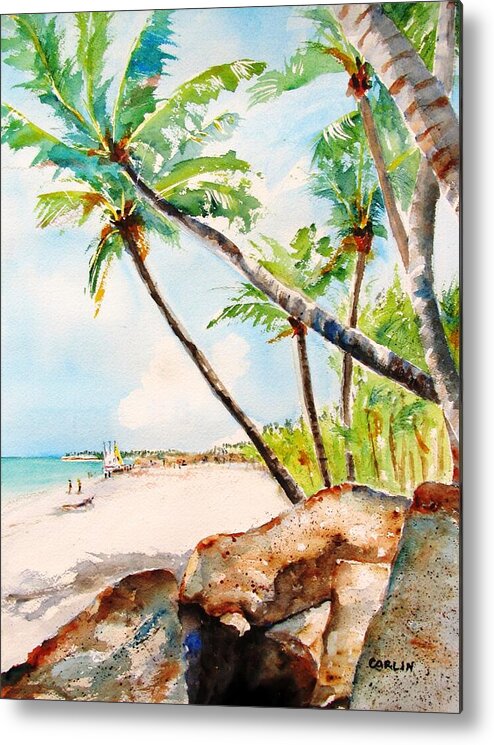 Tropical Beach Metal Print featuring the painting Bavaro Tropical Sandy Beach by Carlin Blahnik CarlinArtWatercolor