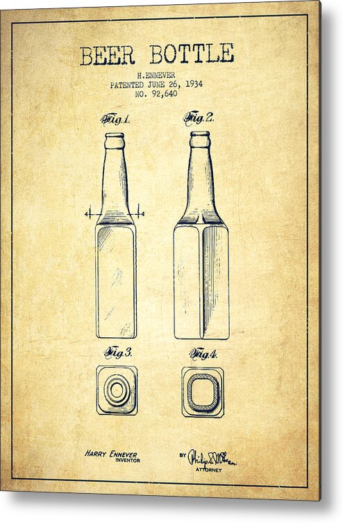 Bottle Patent Metal Print featuring the digital art Beer Bottle Patent Drawing from 1934 - Vintage by Aged Pixel