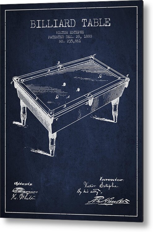 Billiard Table Metal Print featuring the digital art Billiard Table Patent from 1880 - Navy Blue by Aged Pixel