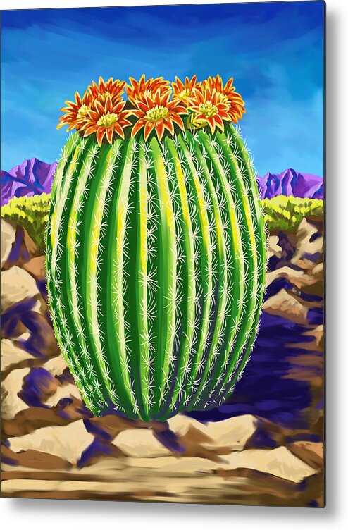 Contemporary Painting Metal Print featuring the painting Blooming Barrel Cactus by Tim Gilliland