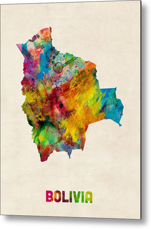 Map Art Metal Print featuring the digital art Bolivia Watercolor Map by Michael Tompsett