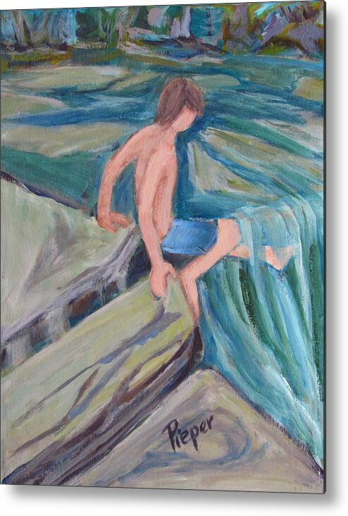Canajoharie Painting Metal Print featuring the painting Boy with Foot in Falls by Betty Pieper