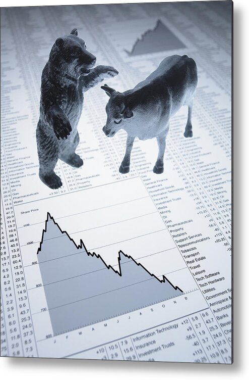 Bull Market Metal Print featuring the photograph Bull and bear figurines on descending line graph and list of share prices by Adam Gault