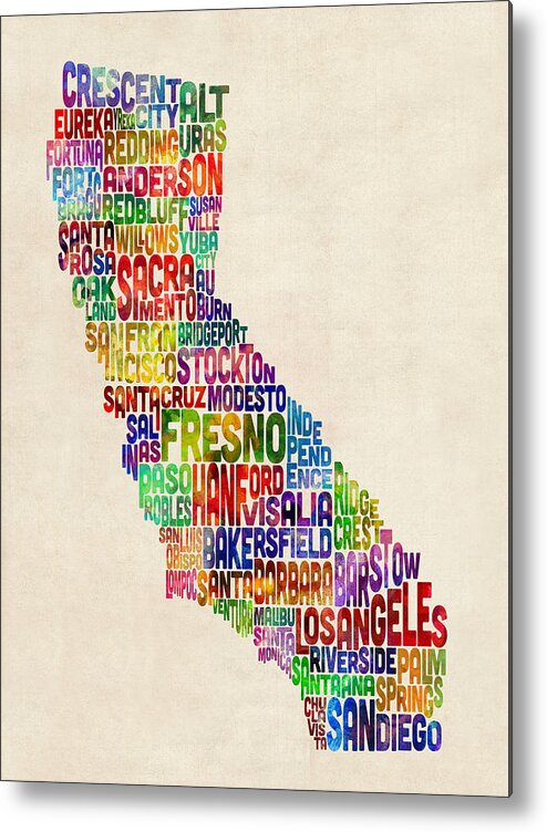 California Metal Print featuring the digital art California Typography Text Map by Michael Tompsett
