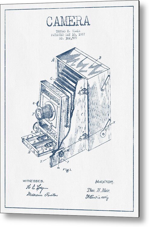 Camera Metal Print featuring the digital art Camera Patent Drawing from 1887 - Blue Ink by Aged Pixel