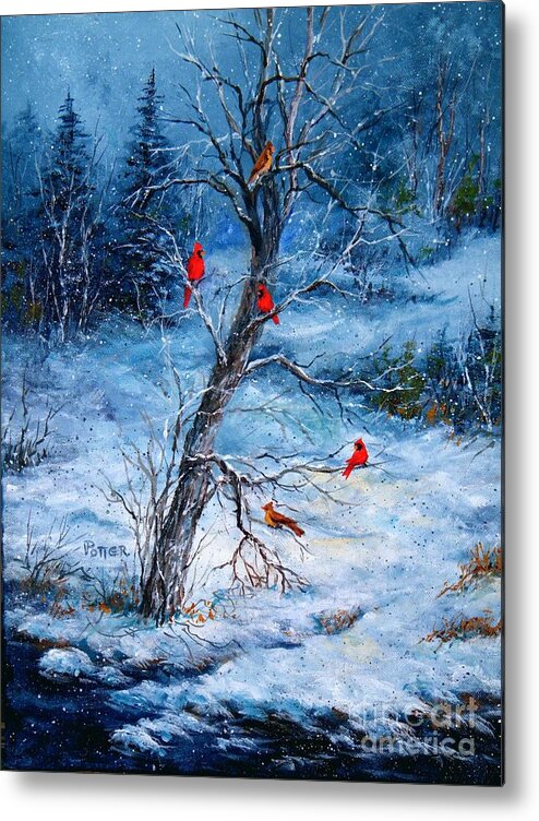 Birds Metal Print featuring the painting Cardinals in Winter by Virginia Potter