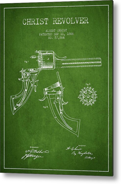 Pistol Patent Metal Print featuring the digital art Christ revolver Patent Drawing from 1866 - Green by Aged Pixel