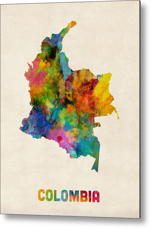 Urban Metal Print featuring the digital art Colombia Watercolor Map by Michael Tompsett