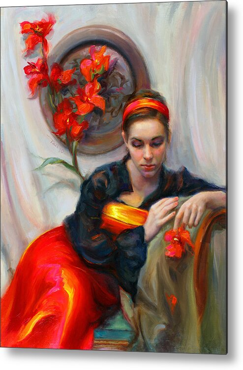 Talya Metal Print featuring the painting Common Threads - Divine Feminine in silk red dress by Talya Johnson