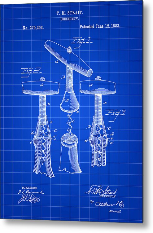 Corkscrew Metal Print featuring the digital art Corkscrew Patent 1883 - Blue by Stephen Younts