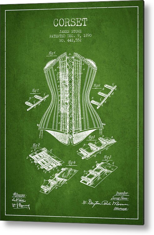 Corset Metal Print featuring the digital art Corset patent from 1890 - Green by Aged Pixel