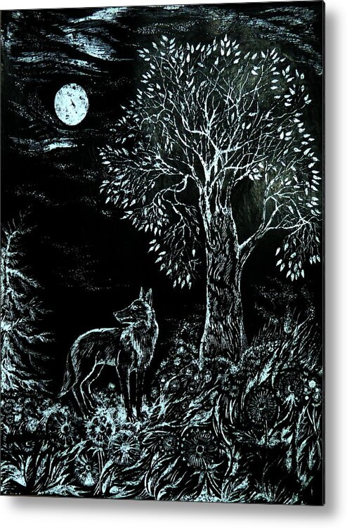 Black And White Metal Print featuring the drawing Coyote Night by Anna Duyunova