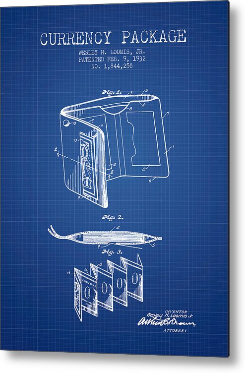 Wallet Metal Print featuring the digital art Currency Package Patent from 1932 - Blueprint by Aged Pixel