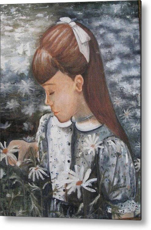Little Girl And Flowers. Metal Print featuring the painting Daisey Girl by Lucille Valentino