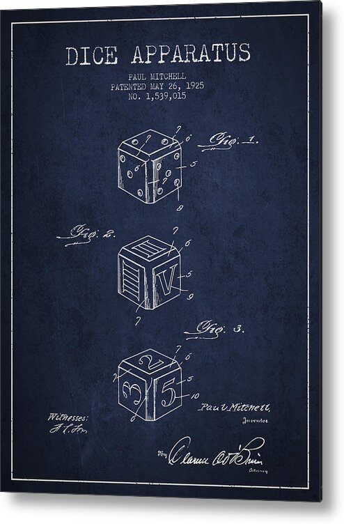 Dice Metal Print featuring the digital art Dice Apparatus Patent from 1925 - Navy Blue by Aged Pixel