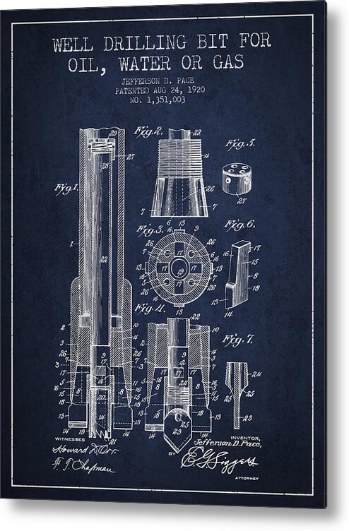 Well Drilling Metal Print featuring the digital art Drilling Bit for Oil Water Gas Patent From 1920 - Navy Blue by Aged Pixel
