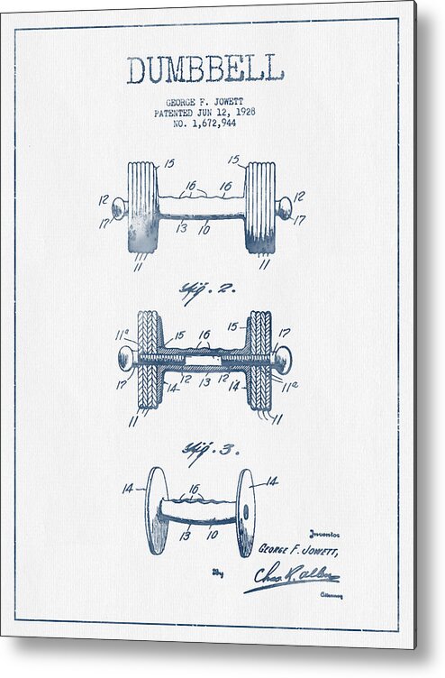 Dumbbell Metal Print featuring the digital art Dumbbell Patent Drawing from 1927 - Blue Ink by Aged Pixel