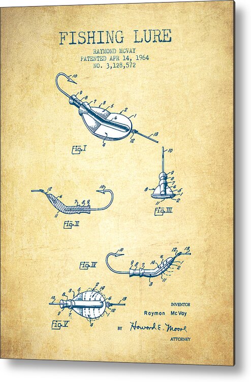 Fishing Tackle Metal Print featuring the drawing Fishing Lure Patent from 1964 - Vintage Paper by Aged Pixel