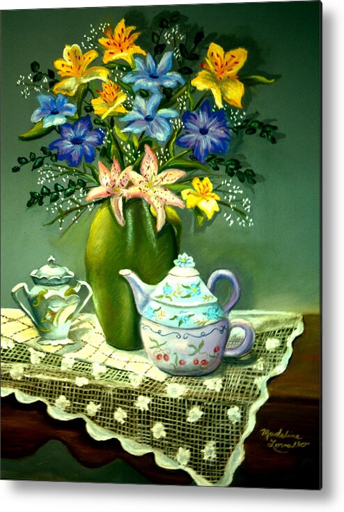 Floral Metal Print featuring the painting Floral with Lace Tablecloth by Madeline Lovallo