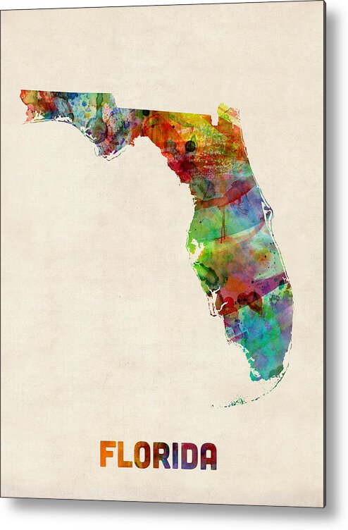 United States Map Metal Print featuring the digital art Florida Watercolor Map by Michael Tompsett