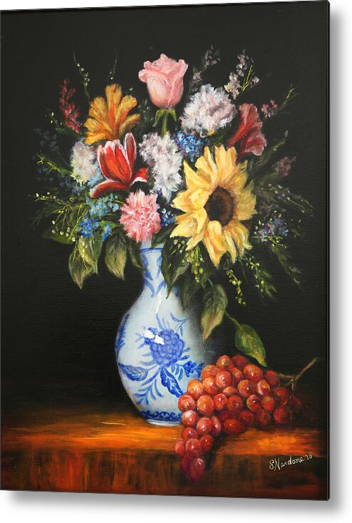 Flowers Metal Print featuring the painting Flowers in Blue and White Vase by Sandra Nardone