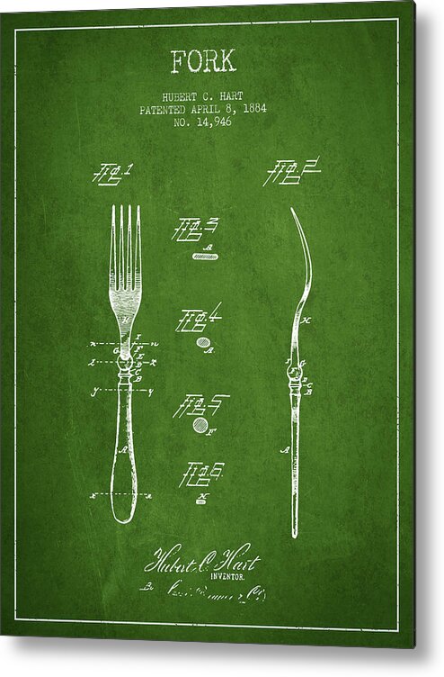 Fork Metal Print featuring the digital art Fork Patent from 1884 - Green by Aged Pixel