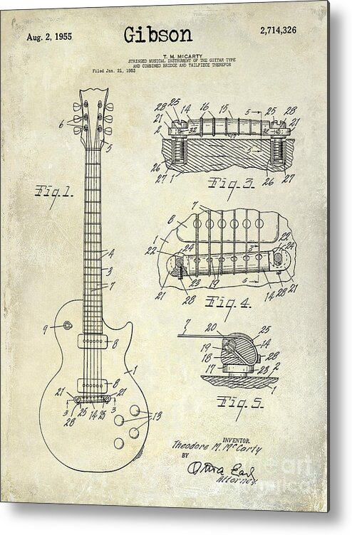 Les Paul Metal Print featuring the photograph Gibson Guitar Patent Drawing by Jon Neidert